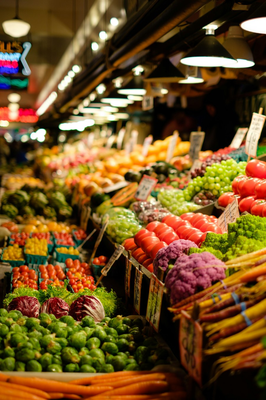 Market stall stacked with produce