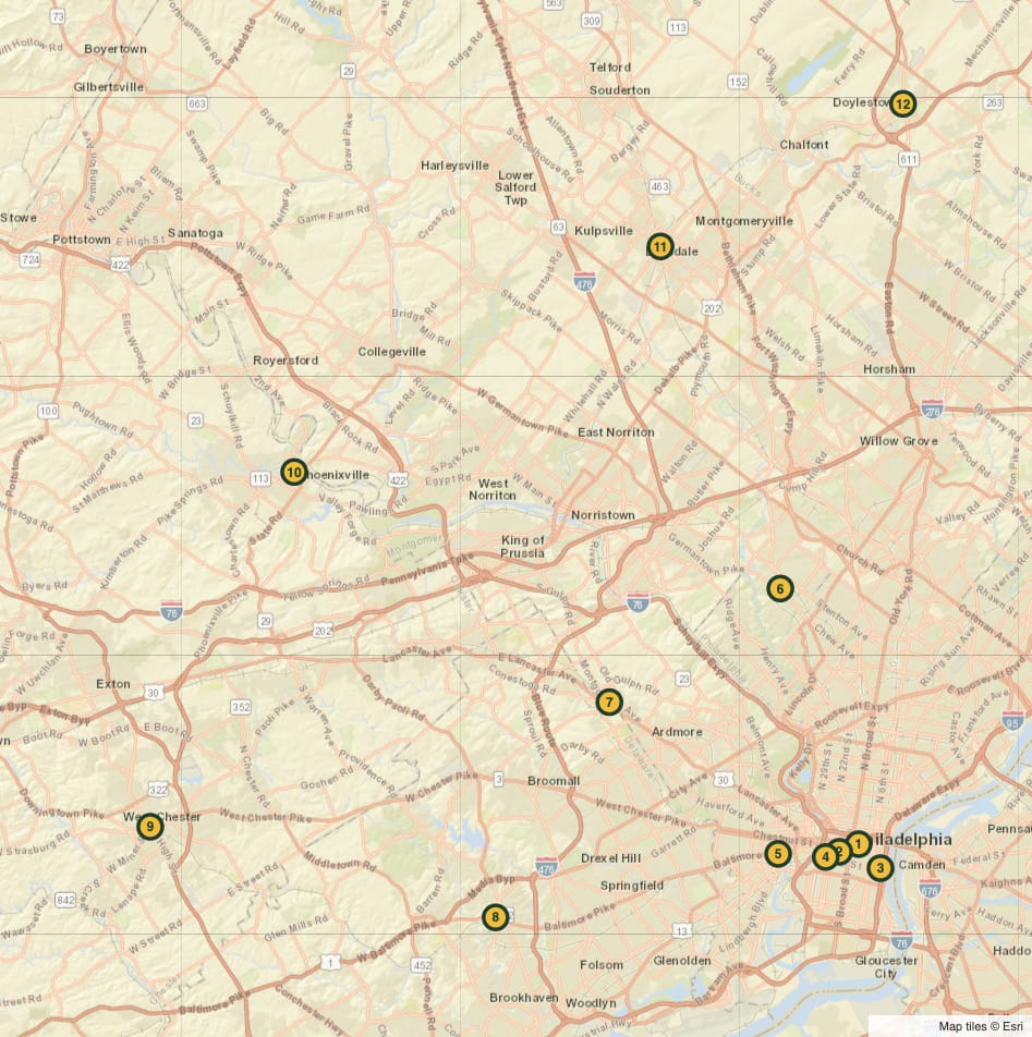 Map of farmers markets around Philadelphia